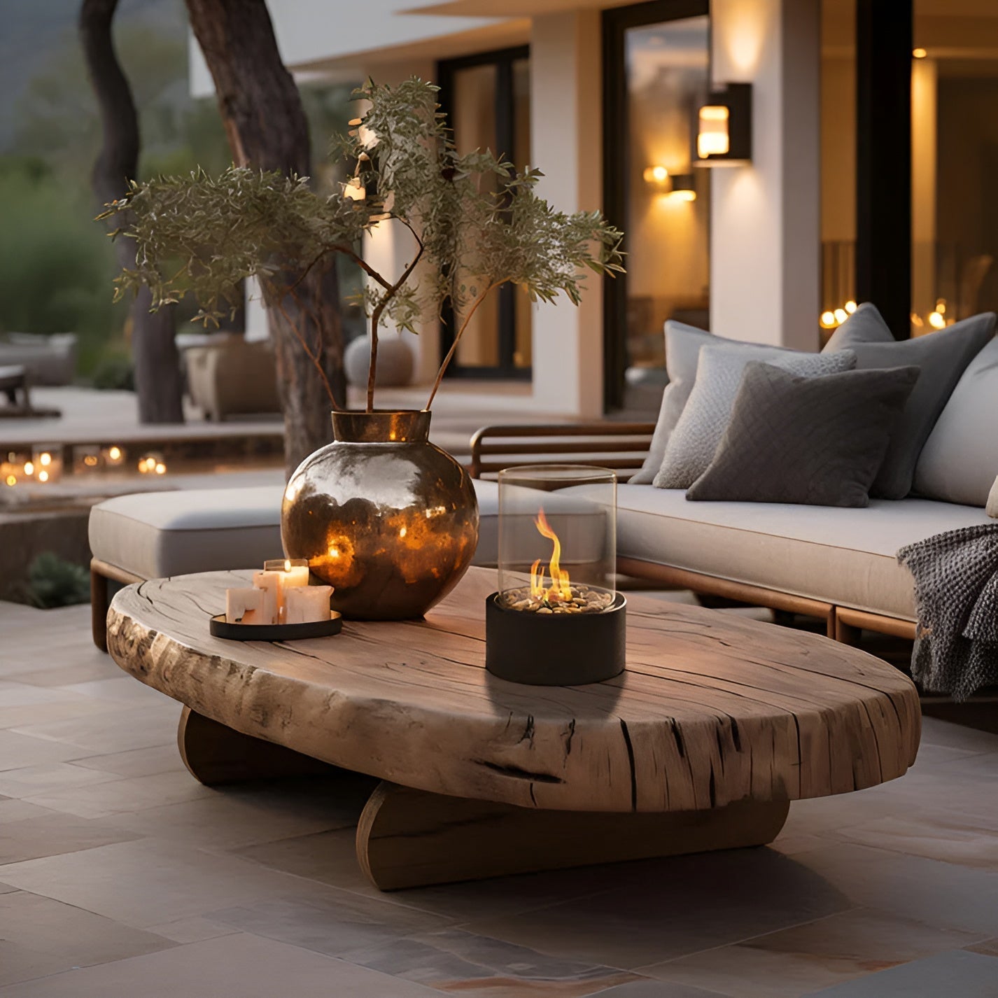 Table basse en bois pour jardin avec cheminée intégrée - LuxeStyle