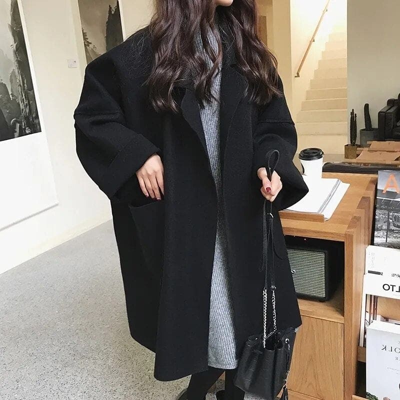 Manteau Femme Hiver Élégant Oversize en Laine Mélangée avec Poches Generouses