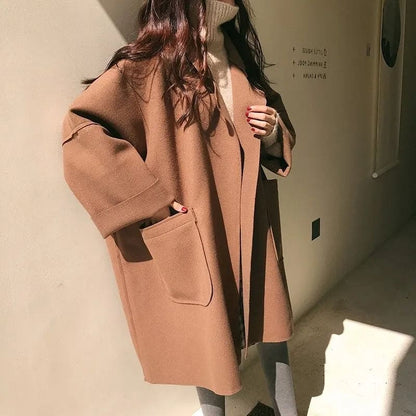Manteau Femme Hiver Élégant Oversize en Laine Mélangée avec Poches Generouses