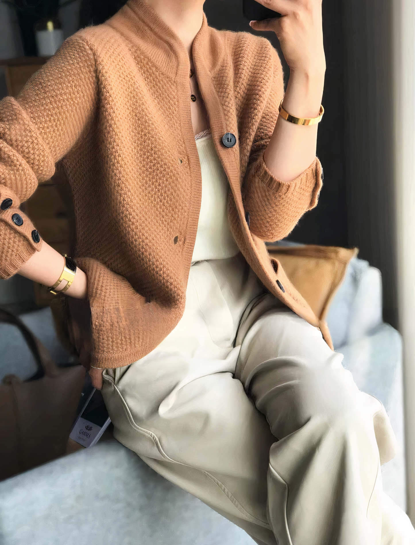 Veste femme élégante en laine marron boutonnée