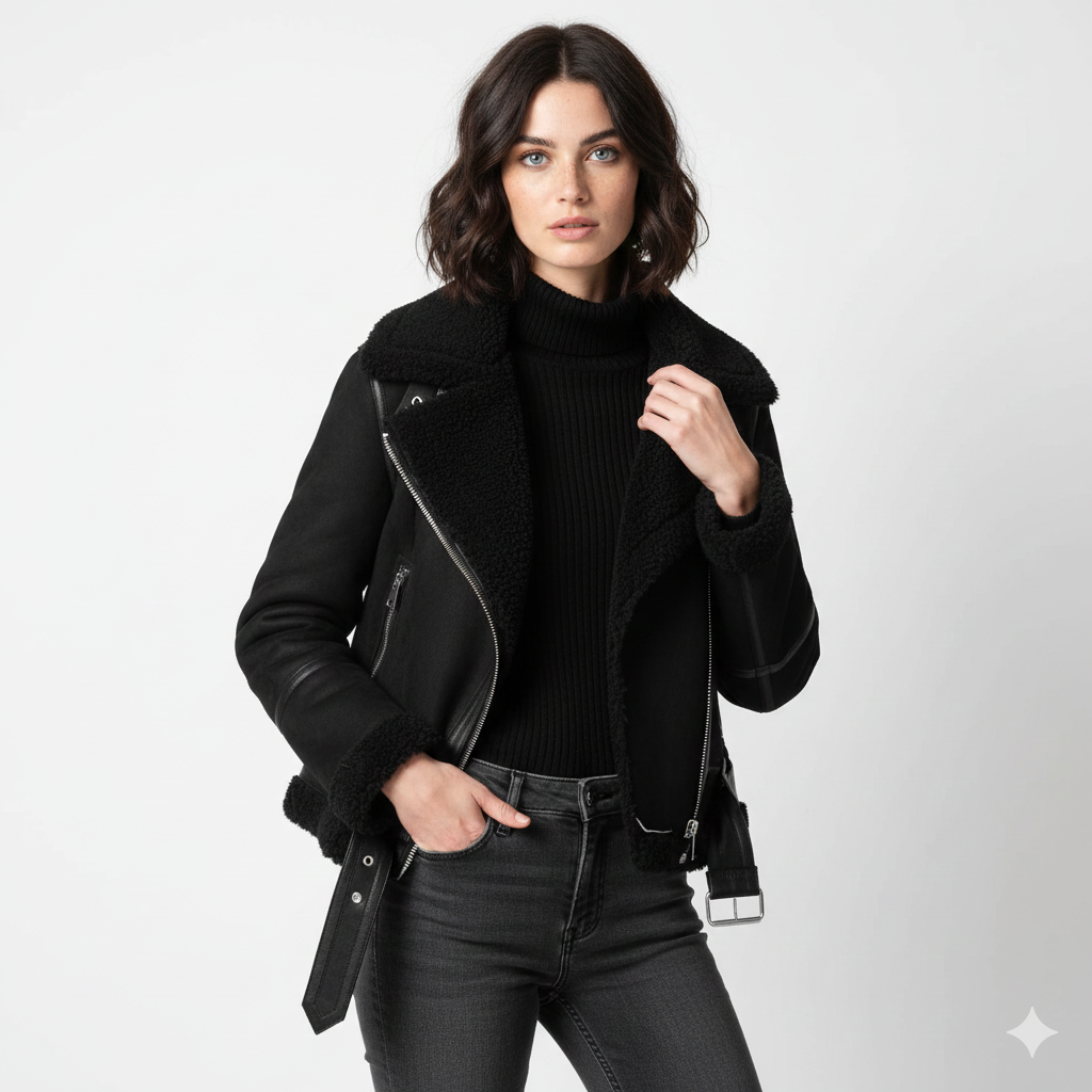 Blouson Femme Élégant – Veste Cuir Doublée Fourrure avec Style Rock & Fermeture Éclair