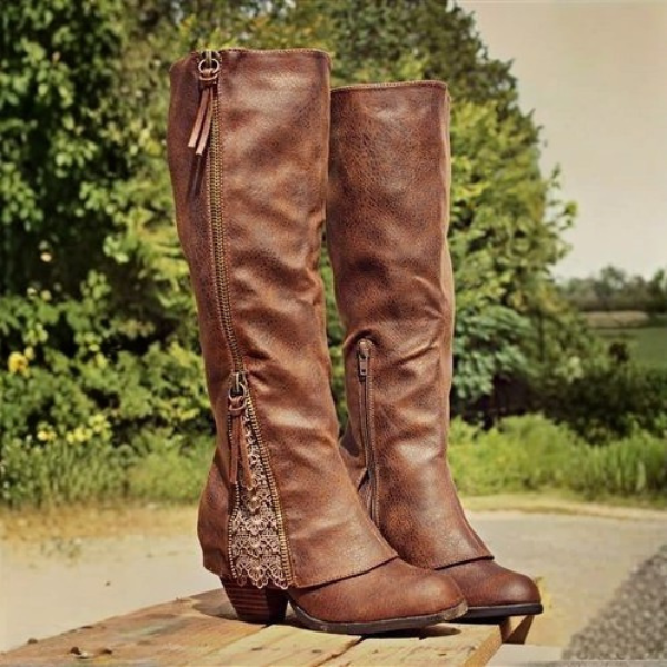 Bottes cowboy féminines à lacets et fermeture éclair trendy