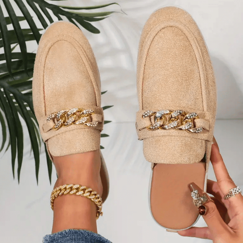Mocassins Femme Élégants – Mules d’Été Confortables à Tige Aérée & Chaîne Or