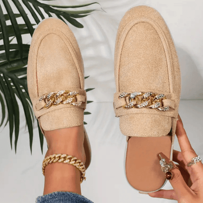 Mocassins Femme Élégants – Mules d’Été Confortables à Tige Aérée & Chaîne Or