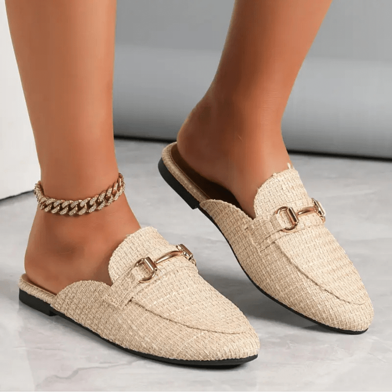 Mocassins Femme Élégants - Mules Tressées Confort avec Chaîne Or & Semelle Douce