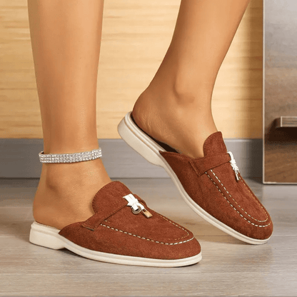Mocassins Femmes – Mules d’Été en Cuir avec Détail Fleur & Couture Colorée