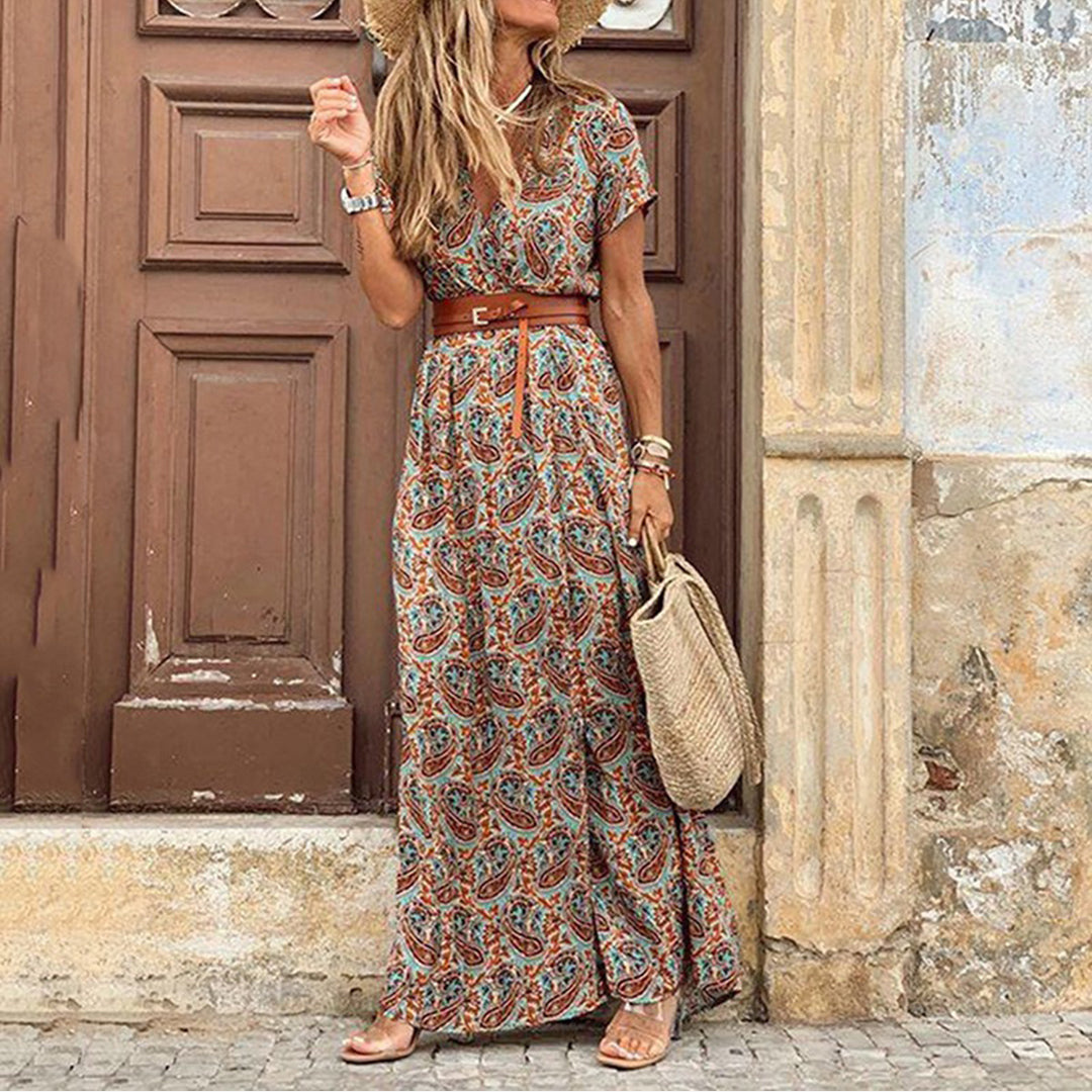 Robe Femme Élégante Longue – Robe Boho Chic à Manches Courtes avec Ceinture - LuxeStyle