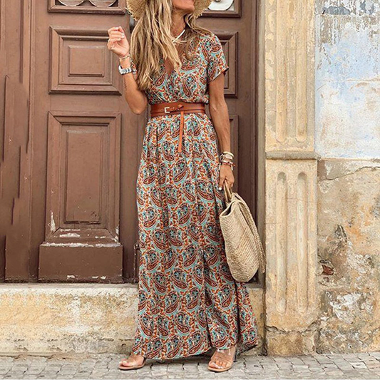 Robe Femme Élégante Longue – Robe Boho Chic à Manches Courtes avec Ceinture - LuxeStyle