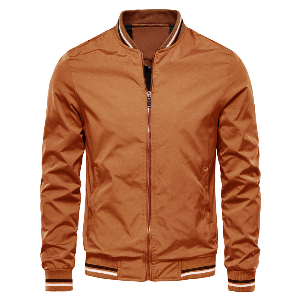 Veste Cuir Homme Brun Col Montant Fermeture Éclair