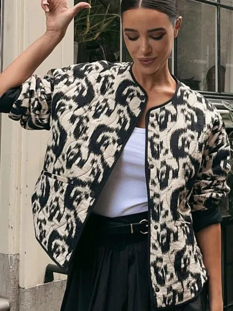 Blouson Femme Chic Léopard Noir Blanche à Manches Longues - LuxeStyle