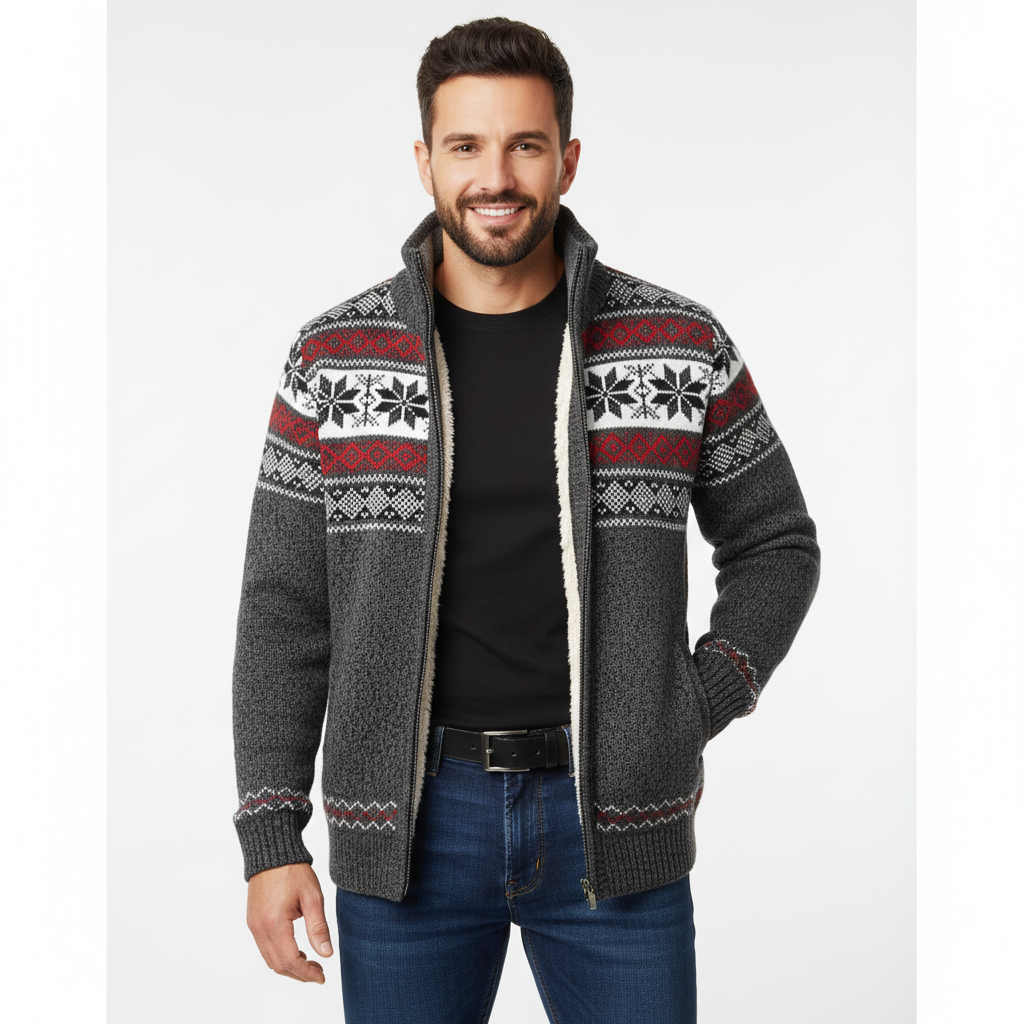 Gilet Polaire Homme Élégant – Veste Hiver à Capuchon & Imprimé Nordique