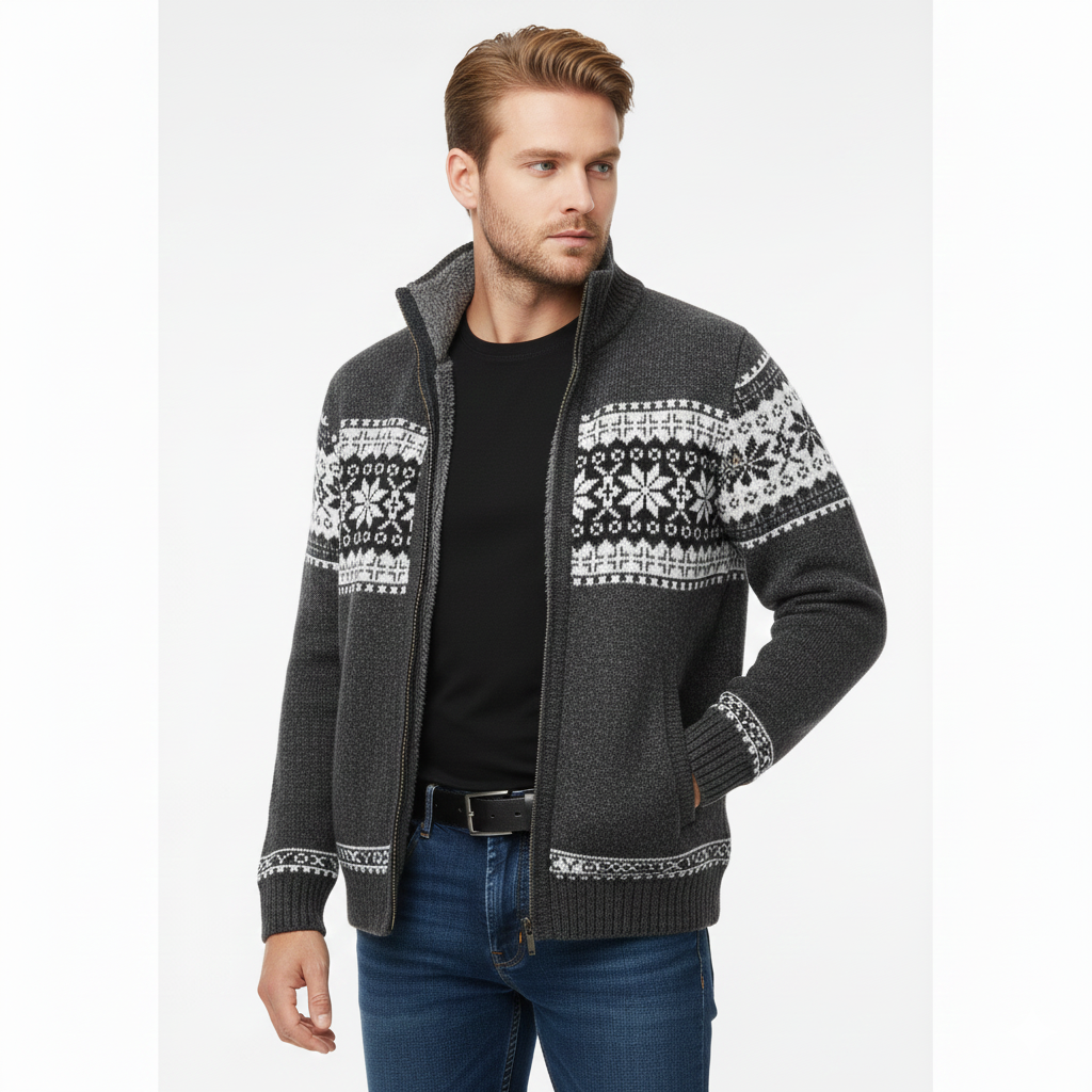 Gilet Polaire Homme Élégant – Veste Hiver à Capuchon & Imprimé Nordique