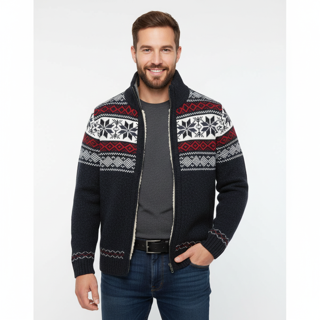 Gilet Polaire Homme Élégant – Veste Hiver à Capuchon & Imprimé Nordique