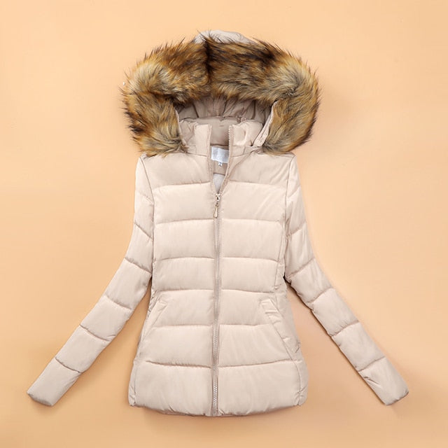 Veste Hivernale Douillette à Capuche pour Femme avec Col en Fausse Fourrure