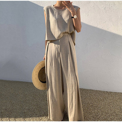 Ensemble Femme Élégant - Pantalon Décontracté & Haut Col Rond, Confort Léger Été - LuxeStyle