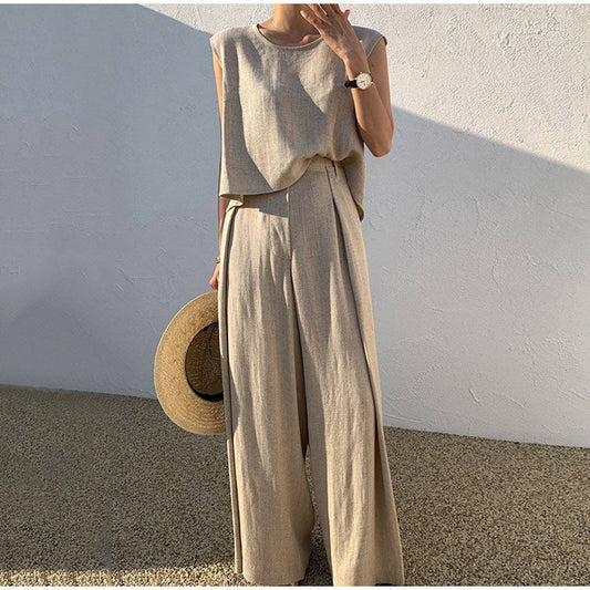 Ensemble Femme Élégant - Pantalon Décontracté & Haut Col Rond, Confort Léger Été - LuxeStyle