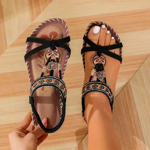 Sandales Femmes Chic - Sandales Bohèmes à Semelle Plate avec Style Tribal