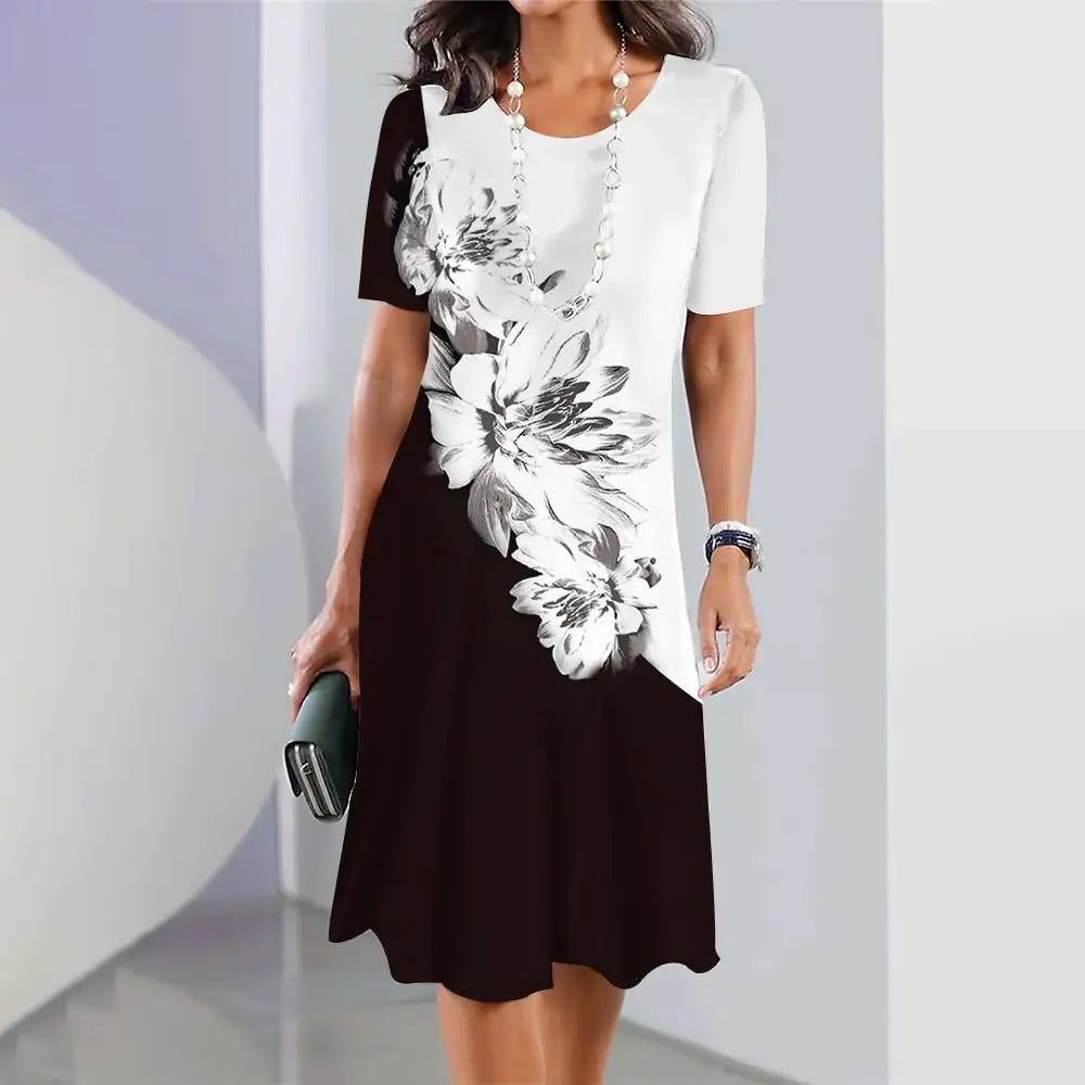 Robe Femme Colorée Évasée, Manches Courtes & Imprimé Chic