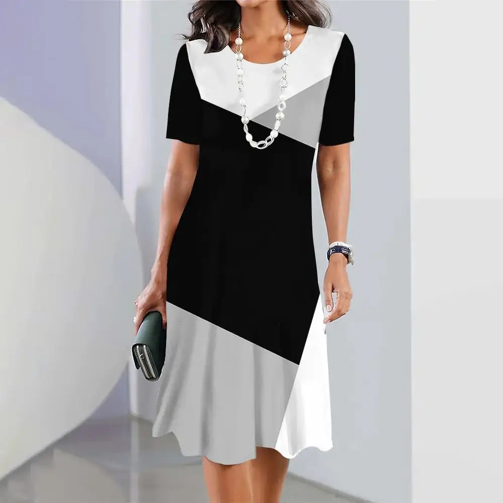 Robe Femme Colorée Évasée, Manches Courtes & Imprimé Chic