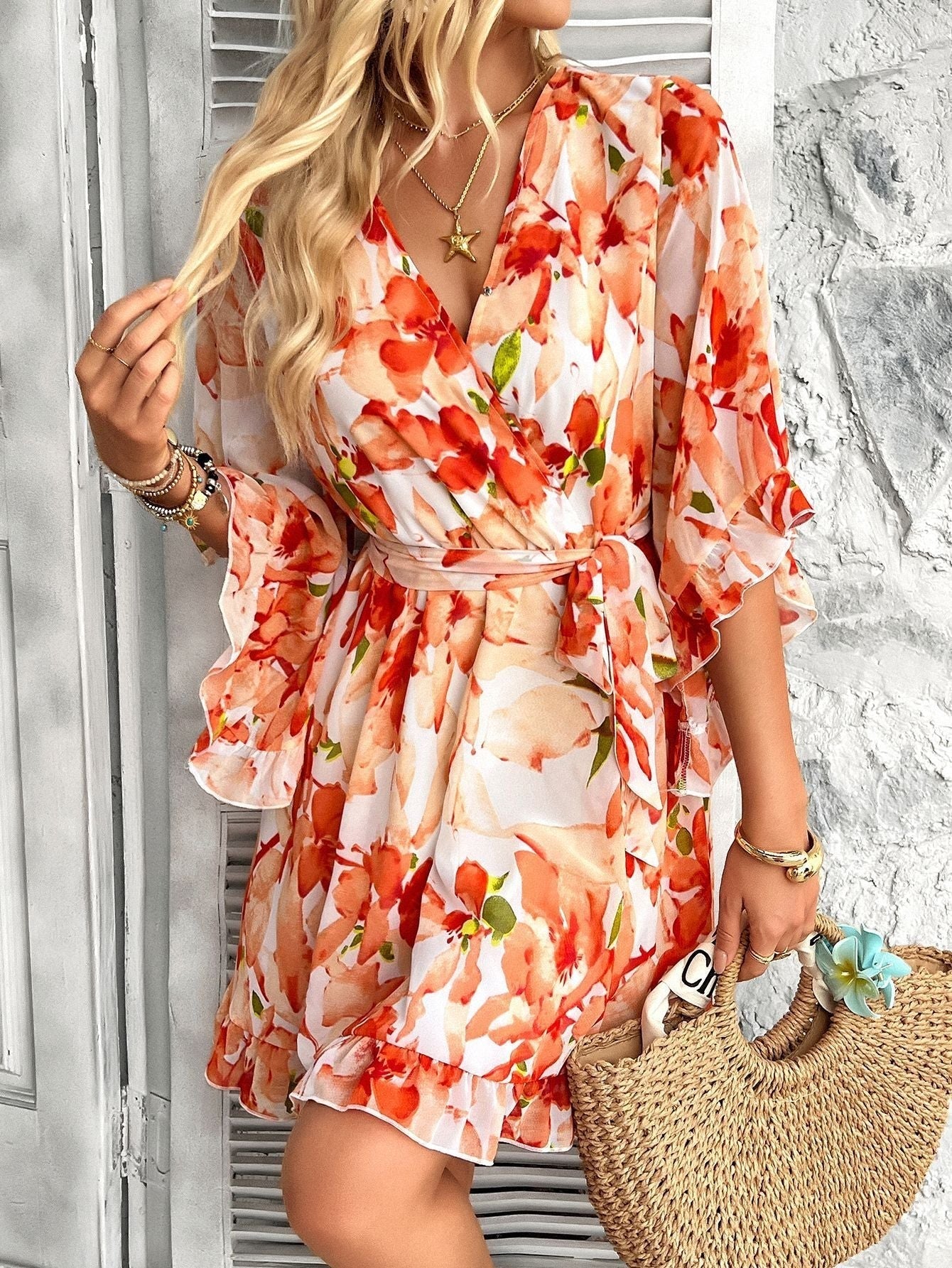 Robe Été Femmes - Robe Fluide à Fleurs avec Ceinture Élastique & Dentelles
