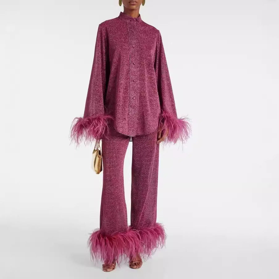 Robe Femme Élégante à Plumes et Manches Amples