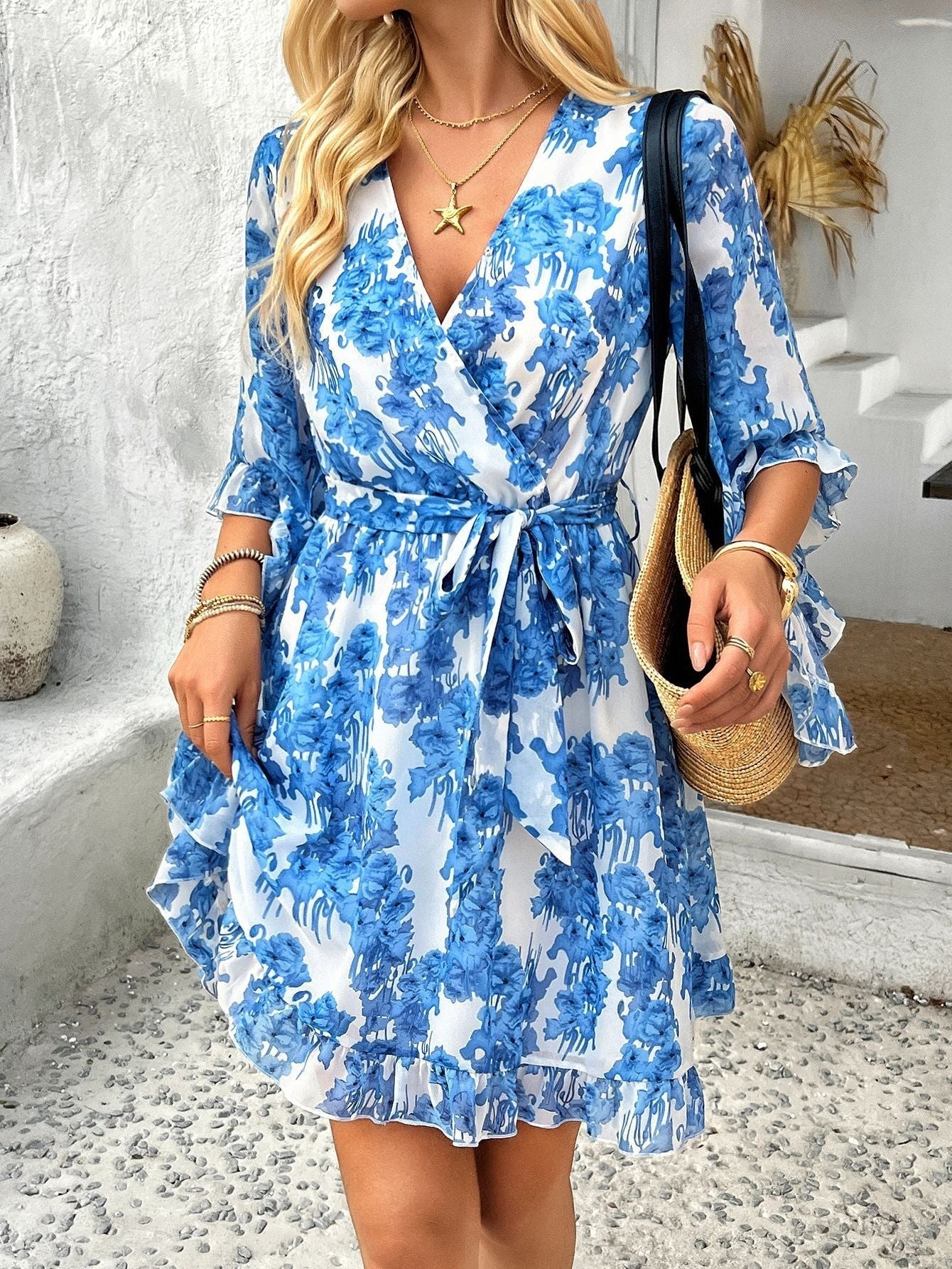 Robe Été Femmes - Robe Fluide à Fleurs avec Ceinture Élastique & Dentelles