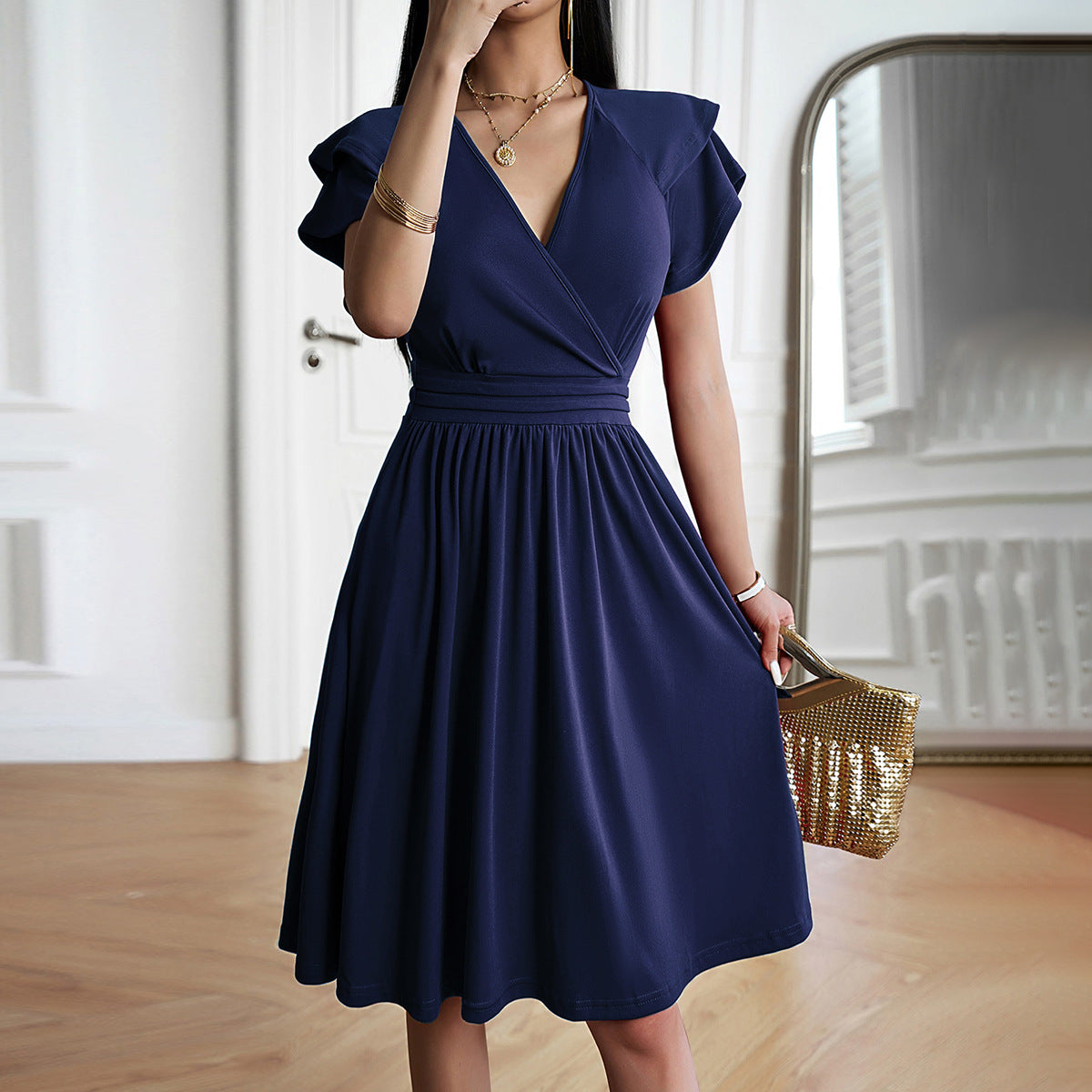 Velaria™ – Robe Midi Femme Élégante Col en V Flatteur Polyvalente