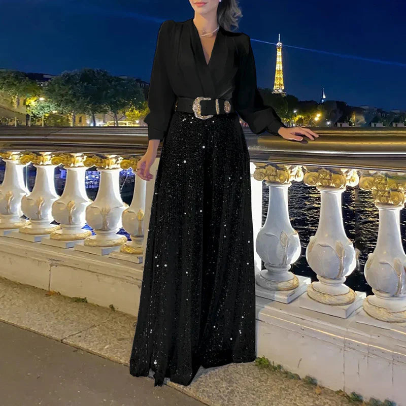 Ensemble Décontracté avec Haut Col en V et Pantalon Comfy pour Femme - LuxeStyle