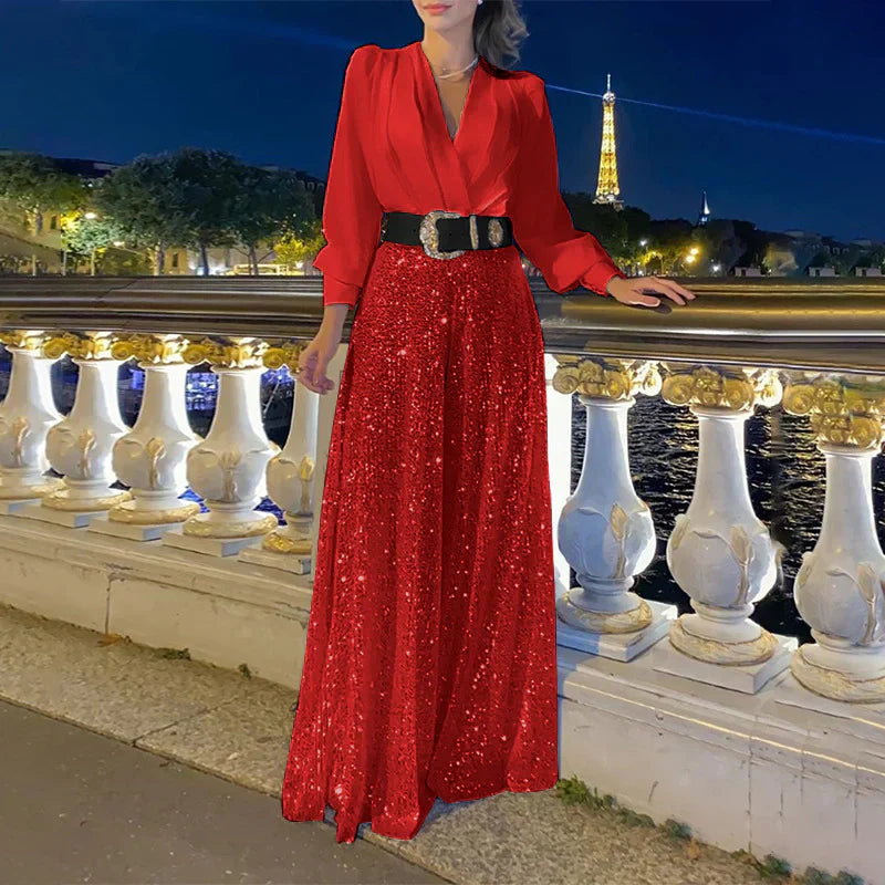 Ensemble Décontracté avec Haut Col en V et Pantalon Comfy pour Femme