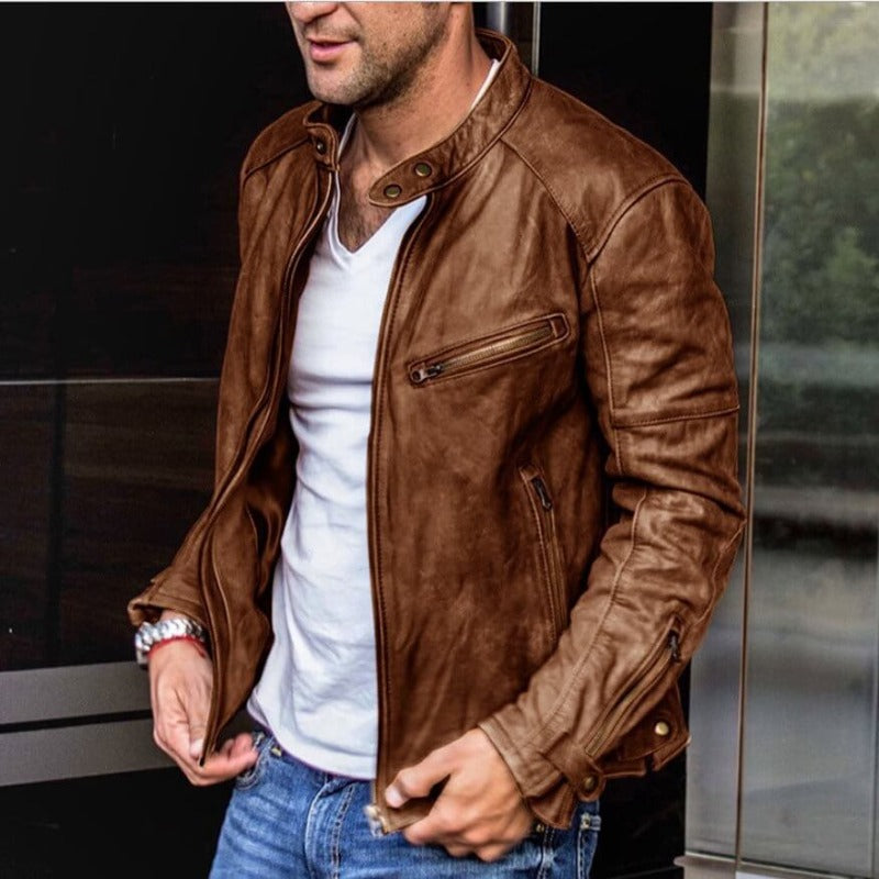 Blouson Cuir Brun Homme Éclair Zippé