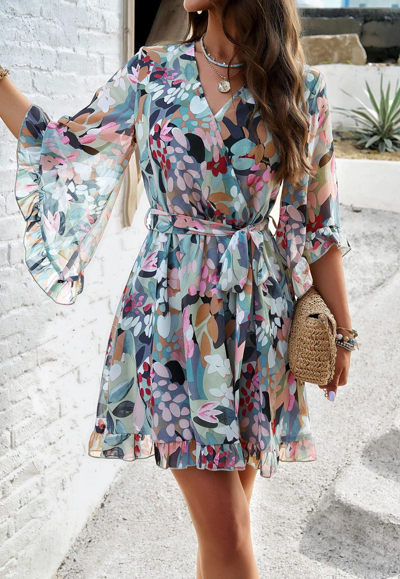 Robe Été Femmes - Robe Fluide à Fleurs avec Ceinture Élastique & Dentelles - LuxeStyle