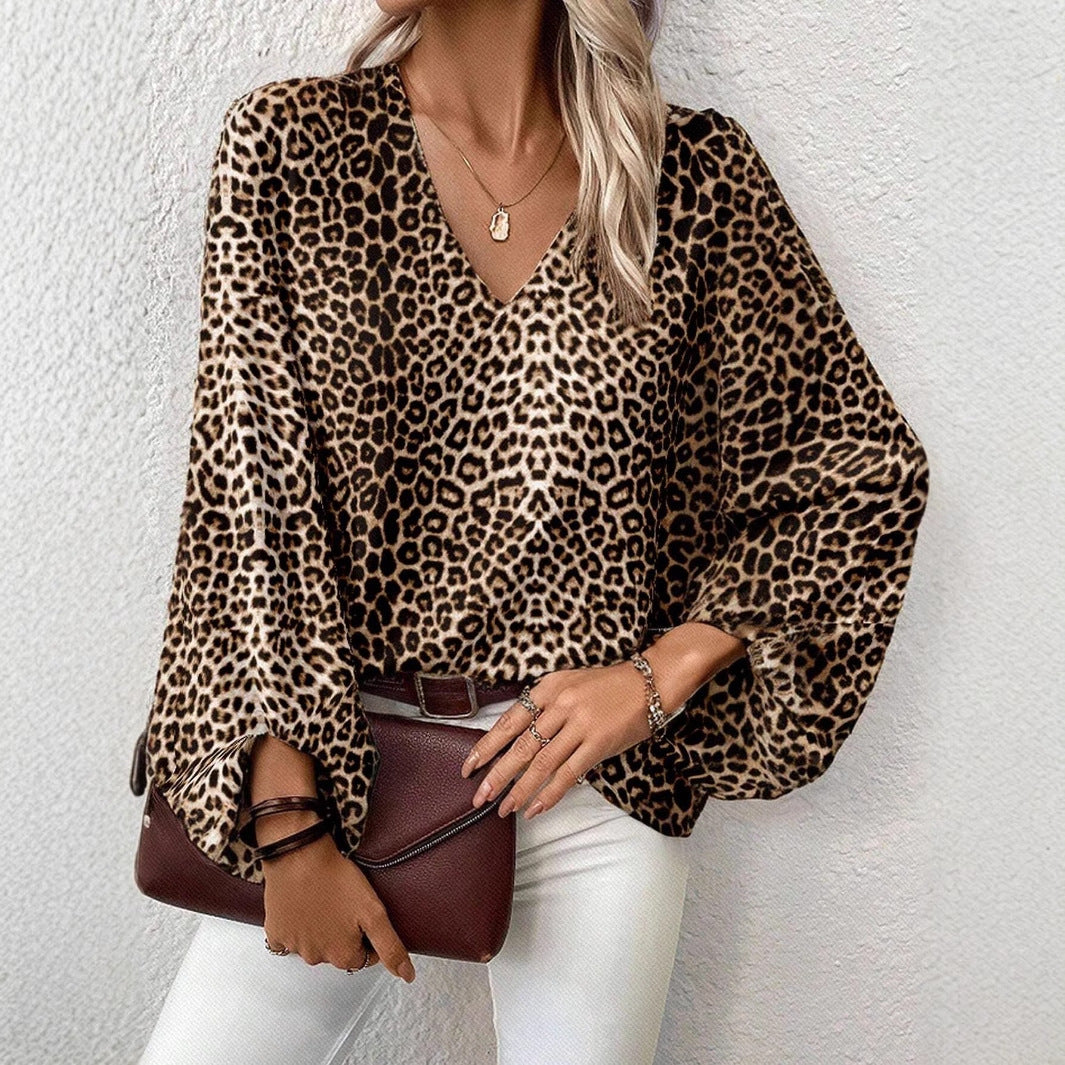 Blouse Léopard Féminine Col en V Manches Longues - LuxeStyle