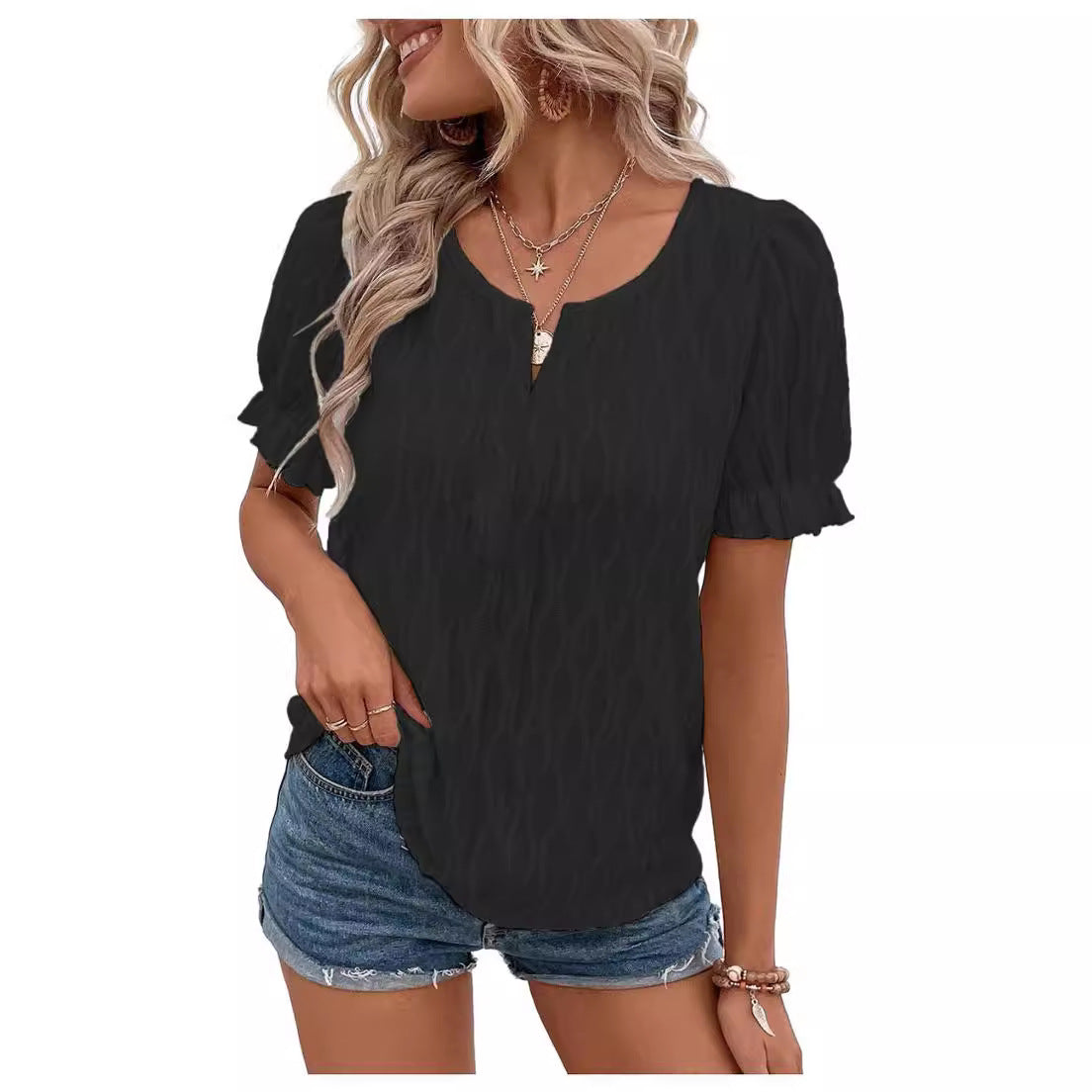 Blouse Femme Noir Élégante Manches Courtes - LuxeStyle