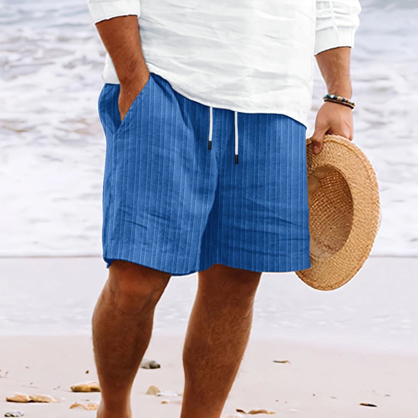 Short de Bain Blanc Rayé Élastique pour Homme