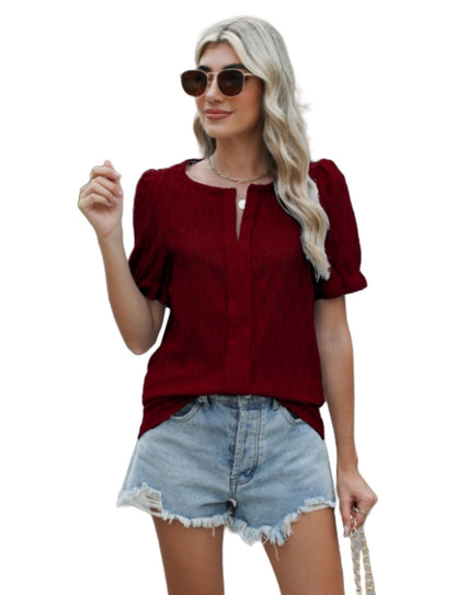 Blouse Féminine Rose Vif à Manches Courtes Brodée