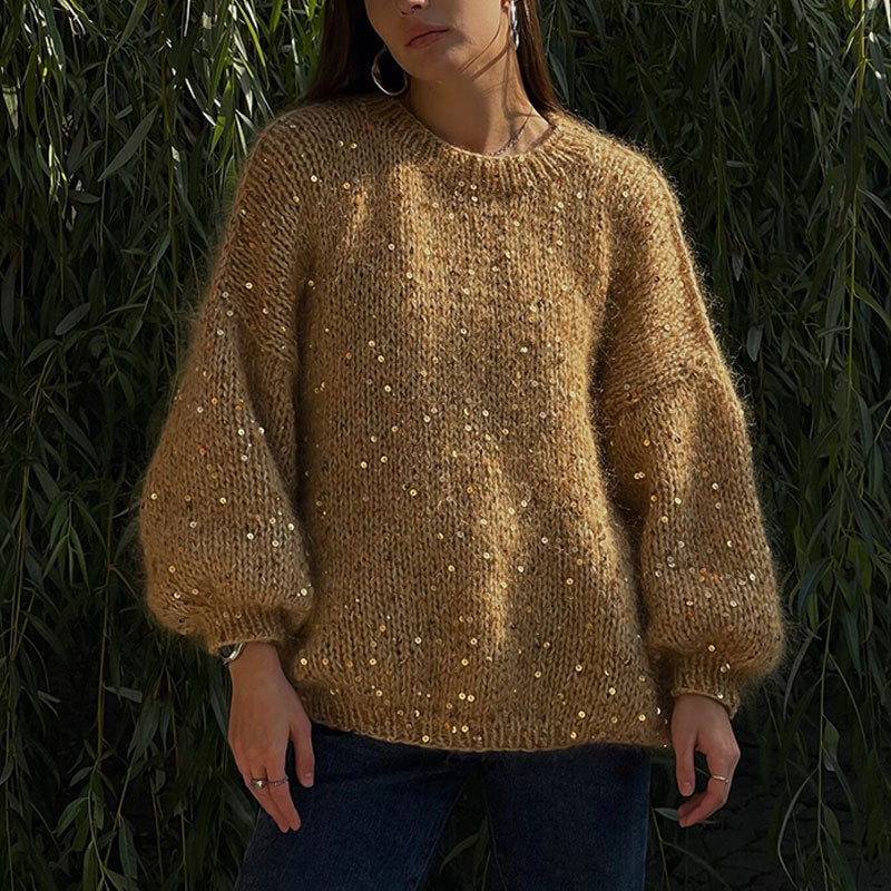 Pull Femme Hiver Élégant à Paillettes et Manches Longues