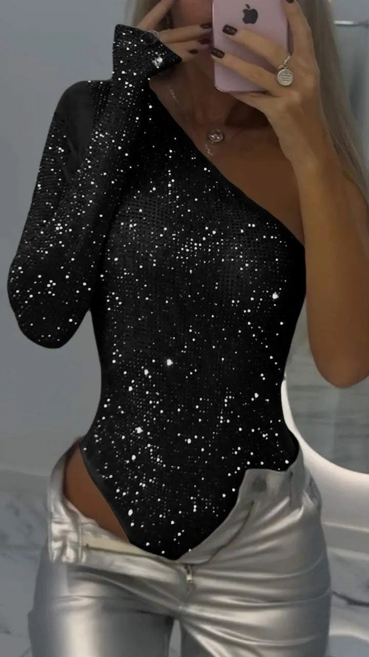 Body Glamour Argent Pailleté Manches Longues