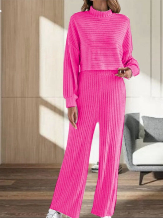 Ensemble Femme Élégant - Maille Col Montant & Pantalon Large Taille Élevée