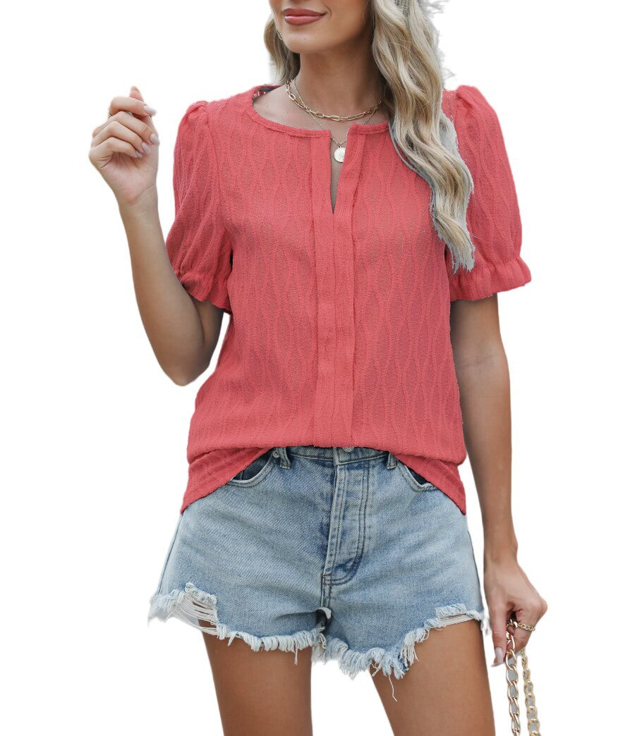 Blouse Féminine Rose Vif à Manches Courtes Brodée