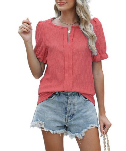 Blouse Féminine Rose Vif à Manches Courtes Brodée