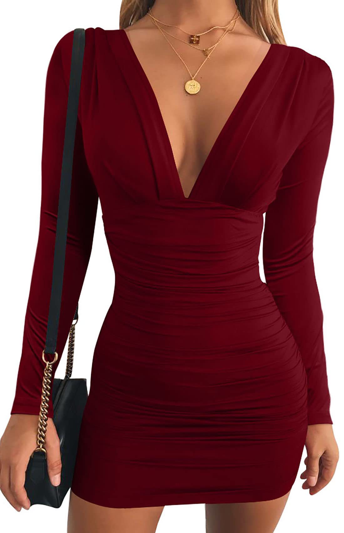 Robe Élégante Rouge Femme Manches Longues Profil Séducteur