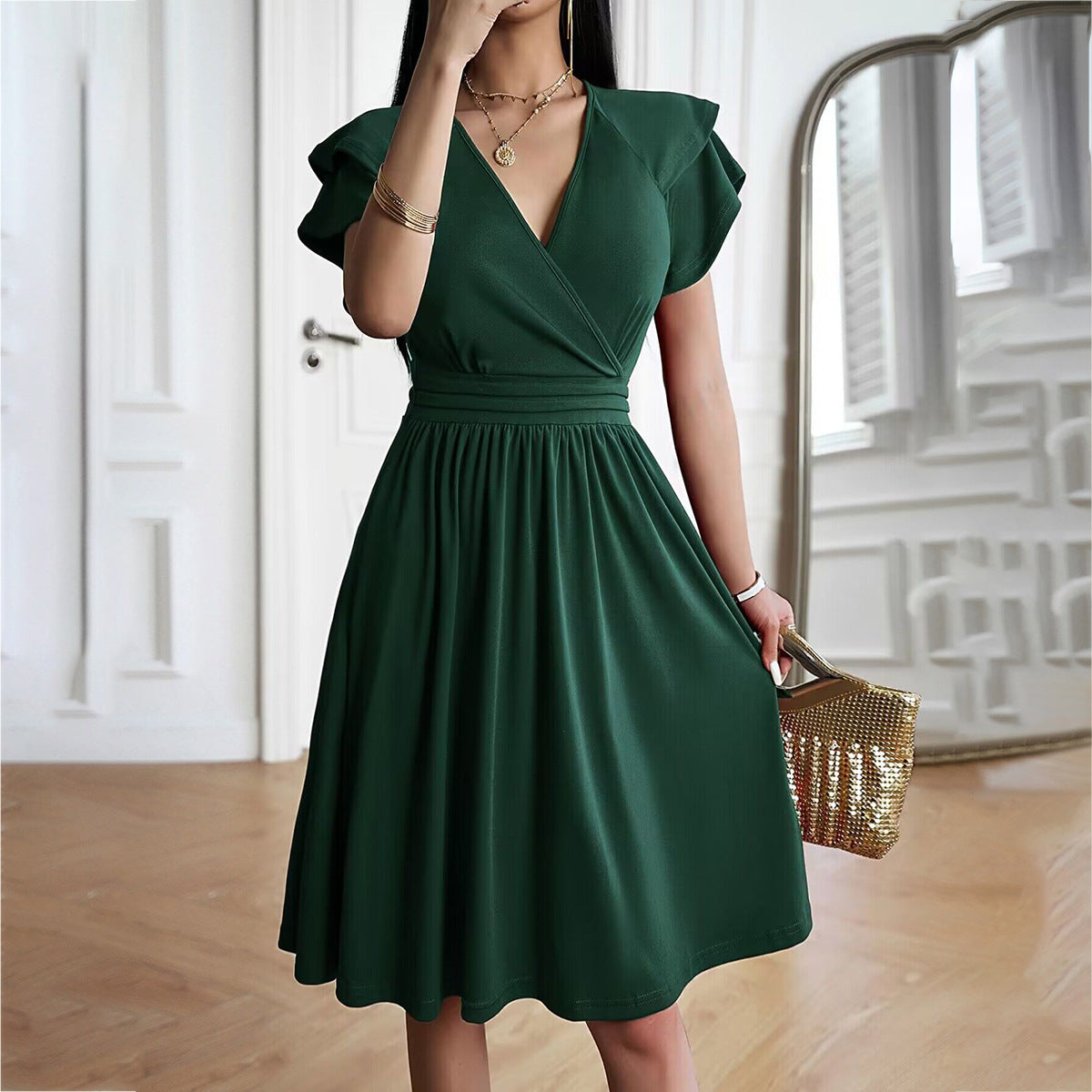 Velaria™ – Robe Midi Femme Élégante Col en V Flatteur Polyvalente