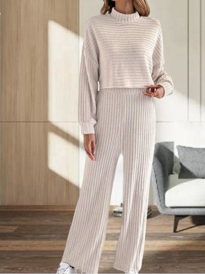 Ensemble Femme Élégant - Maille Col Montant & Pantalon Large Taille Élevée - LuxeStyle
