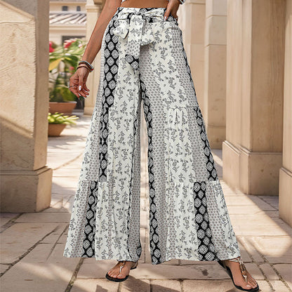 Pantalon femme décontracté imprimé fleuri taille haute