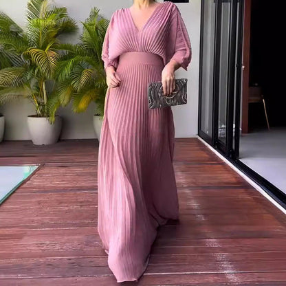 Robe Été Longue Plissée Jaune Citron pour Femme