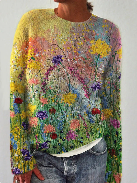 Pull Femme Hiver Laine Bleu Marine Florale