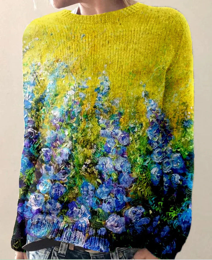 Pull Femme Hiver Laine Bleu Marine Florale