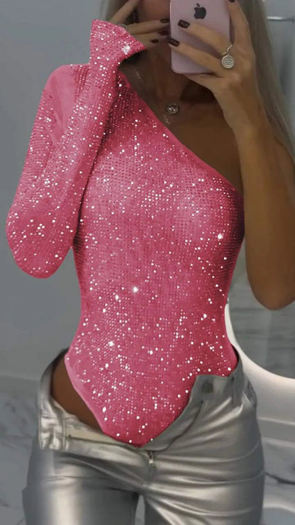 Body Glamour Argent Pailleté Manches Longues