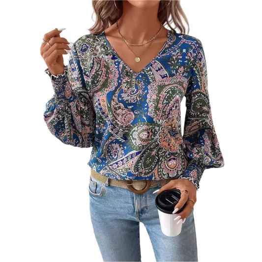 Blouse Féminine Florale Manches Longues Col En V - LuxeStyle