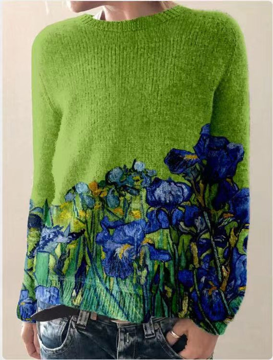 Pull Femme Hiver Laine Bleu Marine Florale - LuxeStyle
